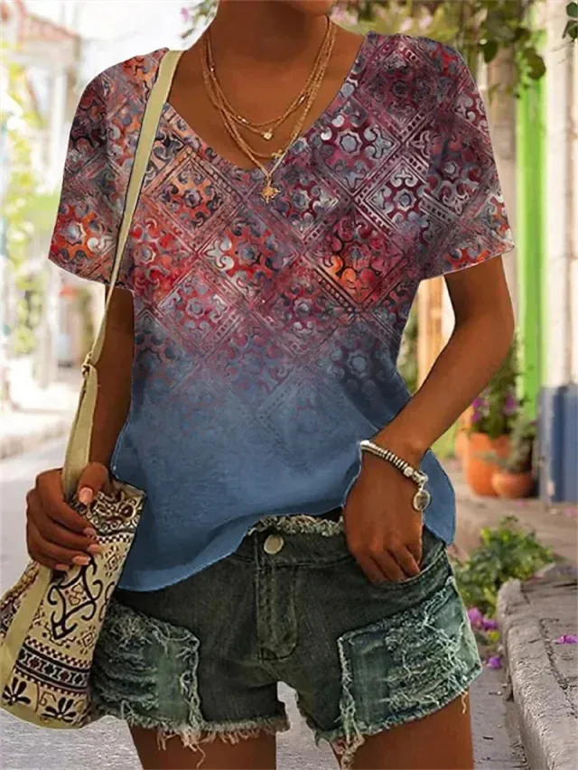 Women's Geometric Pattern Printed Short sleeved V neck Casual T shirt Syct03 6Xl - Shop at LoveMi