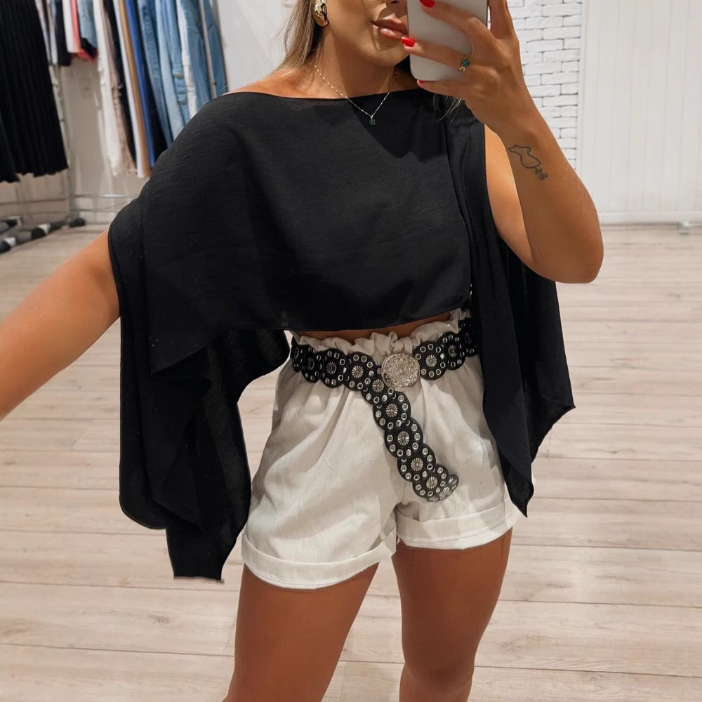 Solid Color Off shoulder Design More Than Split Sleeve Tops Black - Shop at LoveMi