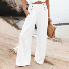Casual Elastic High Waist Women's Cotton Linen Wide Leg Pants - White - View 1