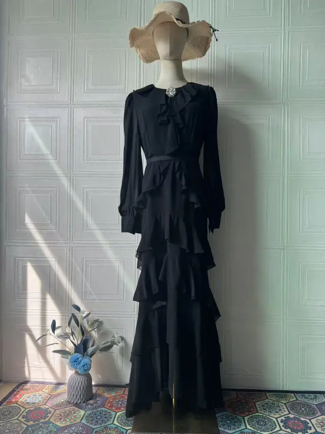 Elegant Ruffled Long sleeve Waist cinched Maxi Dress Black - Shop at LoveMi