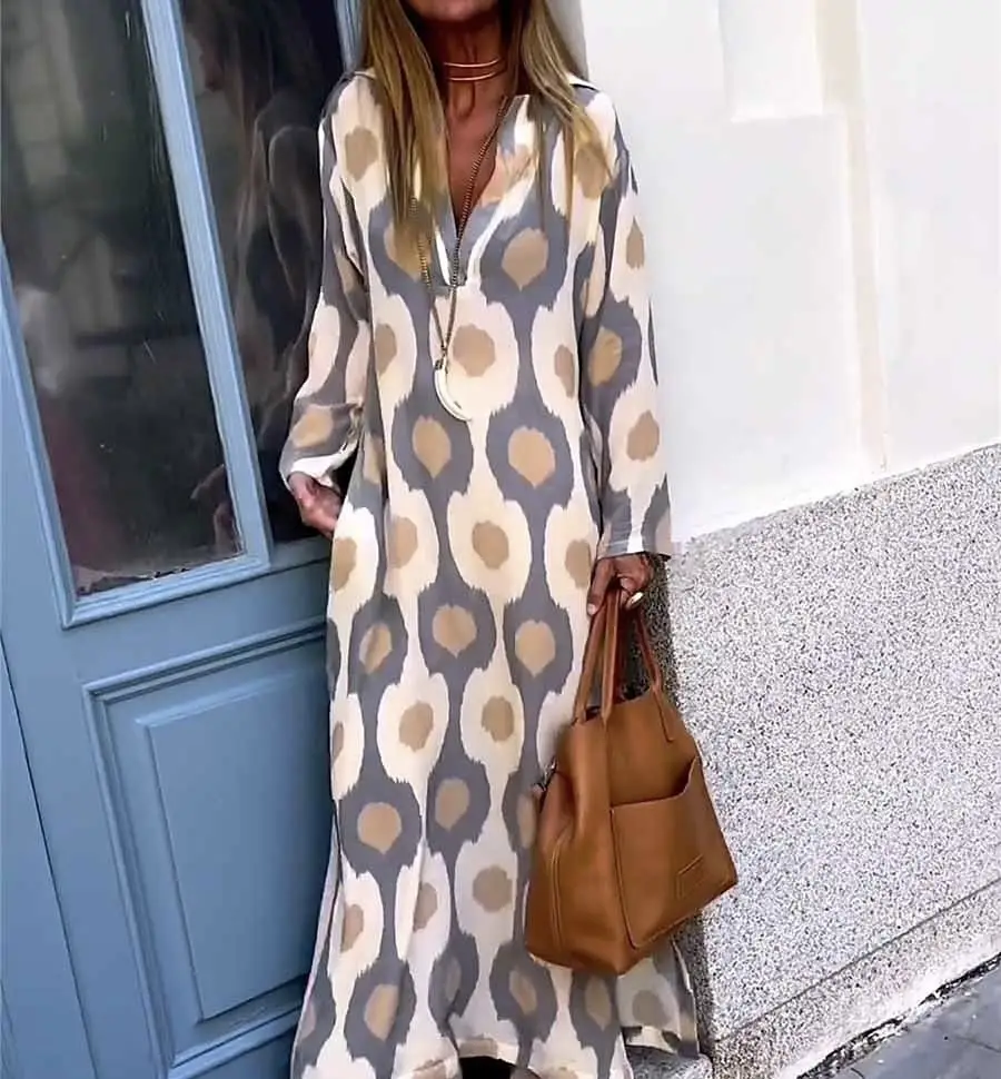 Women's Fashion Casual Printing V-neck Long Dress