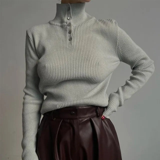 Retro Breasted Half Turtleneck Pullover Base Sweater Silver Gray - Shop at LoveMi