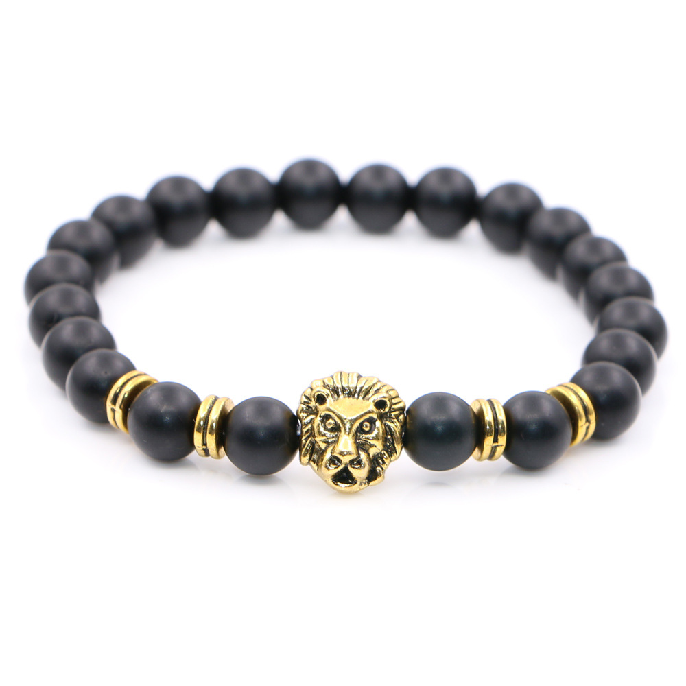 Natural Frosted Stone Matt Black Fashion Agate Jewelry Alloy Lion's Head Elastic String Bracelet
