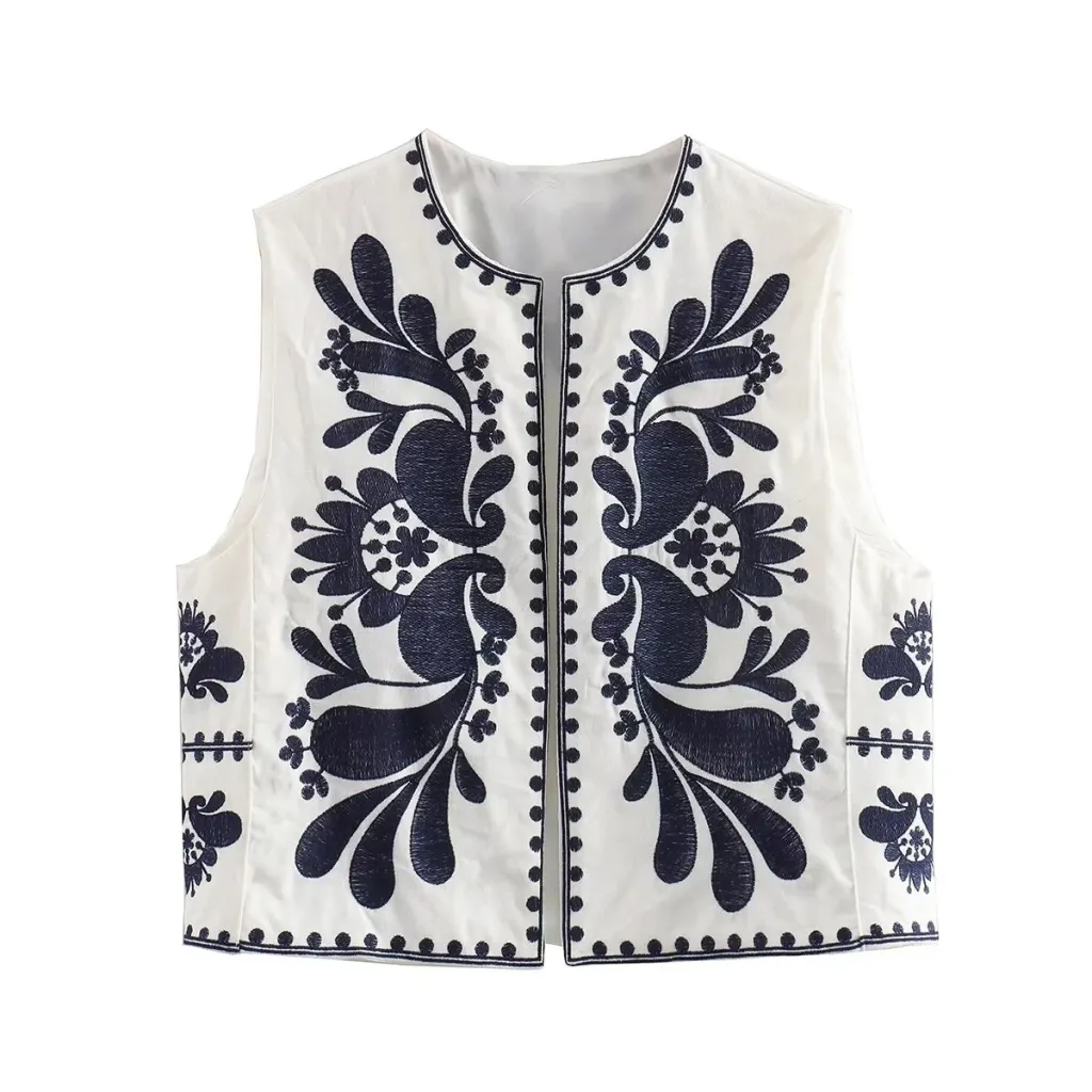 European And American Women's Clothing Sleeveless Embroidered Vest Women's Top - Black