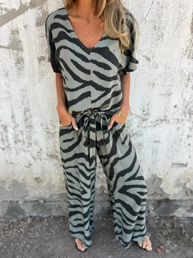 Fashion Zebra Stripes V neck Lace up Top Suit Green - Shop at LoveMi