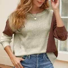 European And American Knitted Temperament Commute Long Sleeve Round Neck Multicolour Sweater - Green - View 1