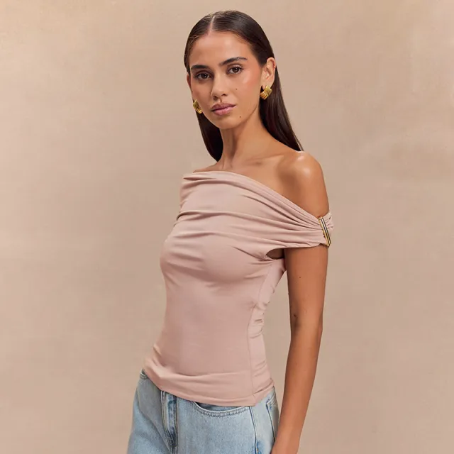 Women's Solid Color Pleated Off shoulder Slim Off shoulder Top Lotus Pink - Shop at LoveMi