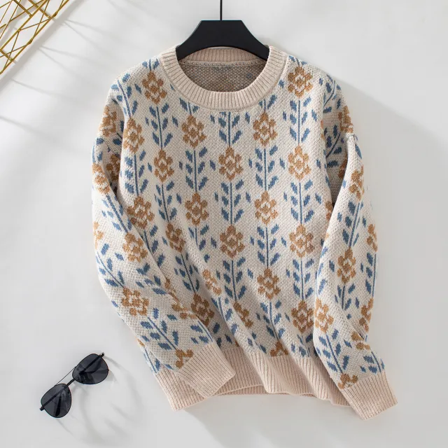 Flower Jacquard Pullover Women's Sweater Apricot - Shop at LoveMi