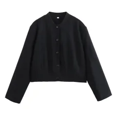 Women's Clothing Stand Collar Loose Two-colour Short Jacket Baseball Uniform Jacket - Black - View 1