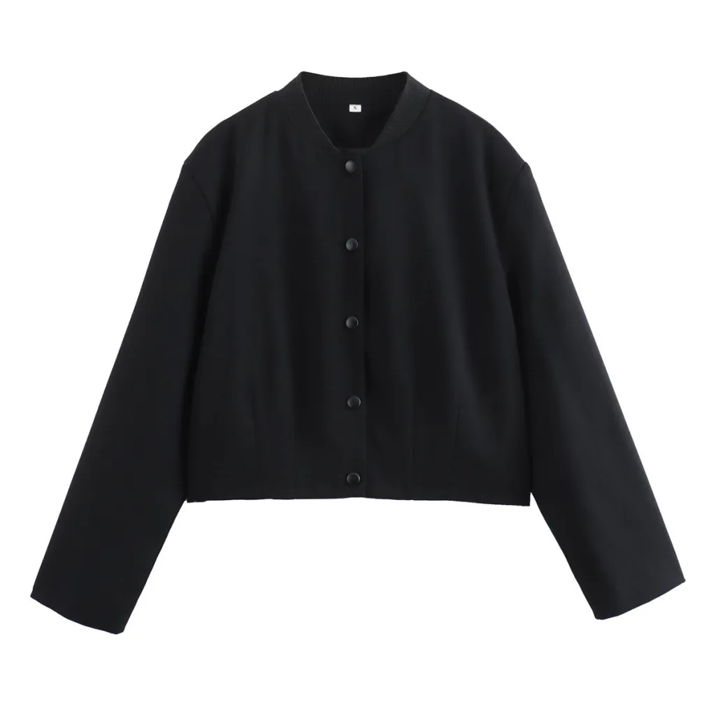 Women's Clothing Stand Collar Loose Two-color Short Jacket Baseball Uniform Jacket - Black