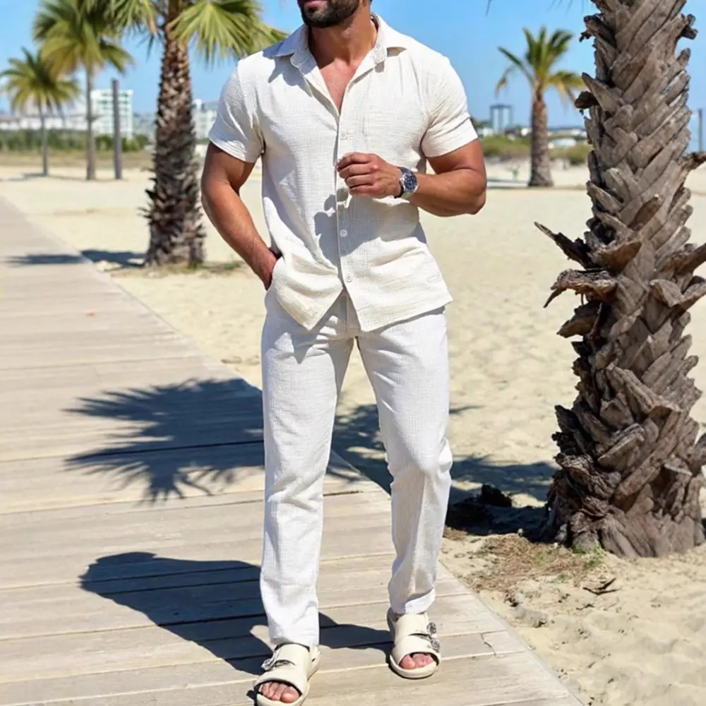 Polo Collar Solid Color Short Sleeve Button Trousers Men's