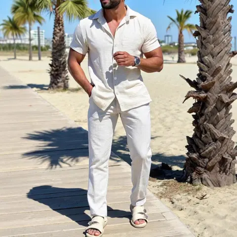 Polo Collar Solid Color Short Sleeve Button Trousers Men's