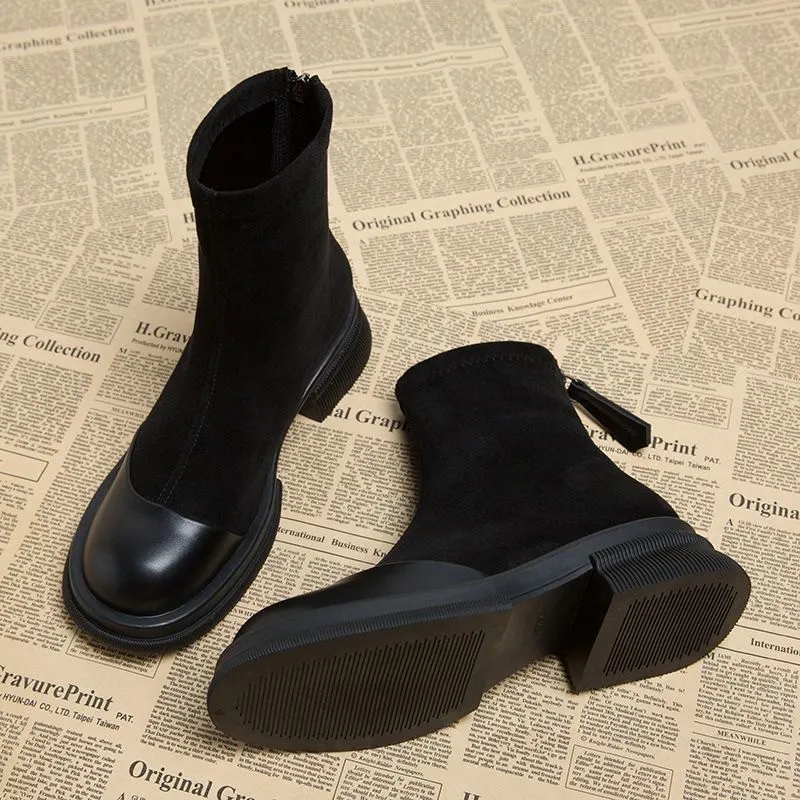 Height Increasing Stitching Short Thick Bottom Chunky Heel Martin Boots - Black