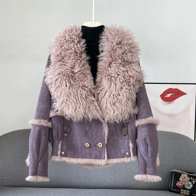 Fur Integrated Short Chic New Sheepskin Collar Rabbit Fur Warm Coat Purple - Shop at LoveMi