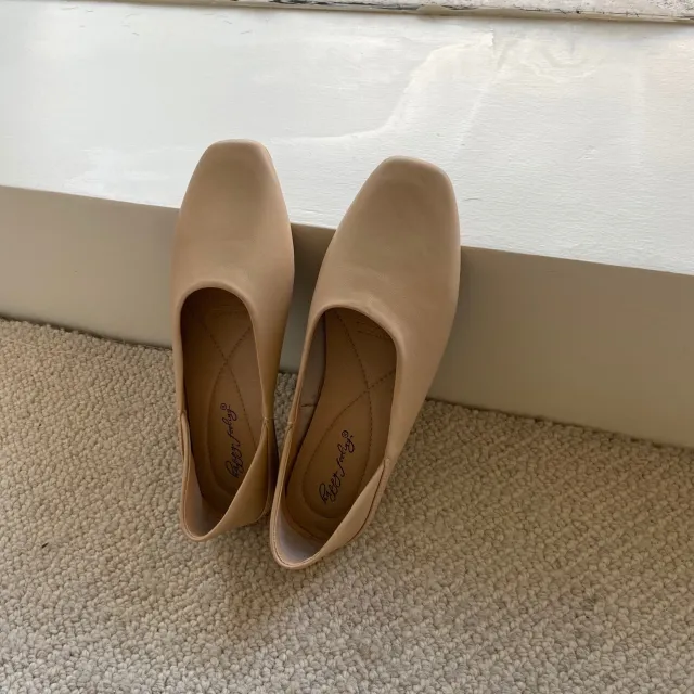Authentic Leather Square Toe Low cut Two way Flat Shoes Apricot - Shop at LoveMi
