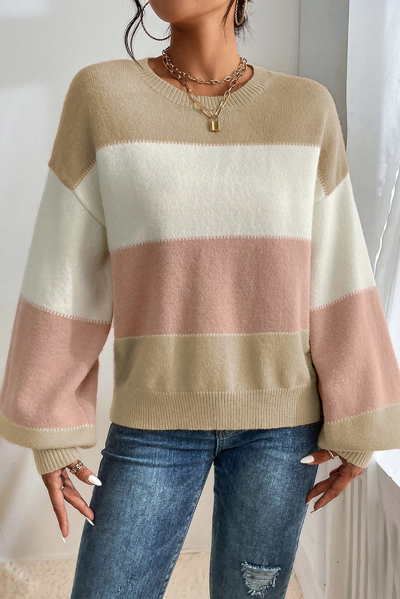 Title 5, Color-block Crew Neck Sweater Casual Loose Shou...