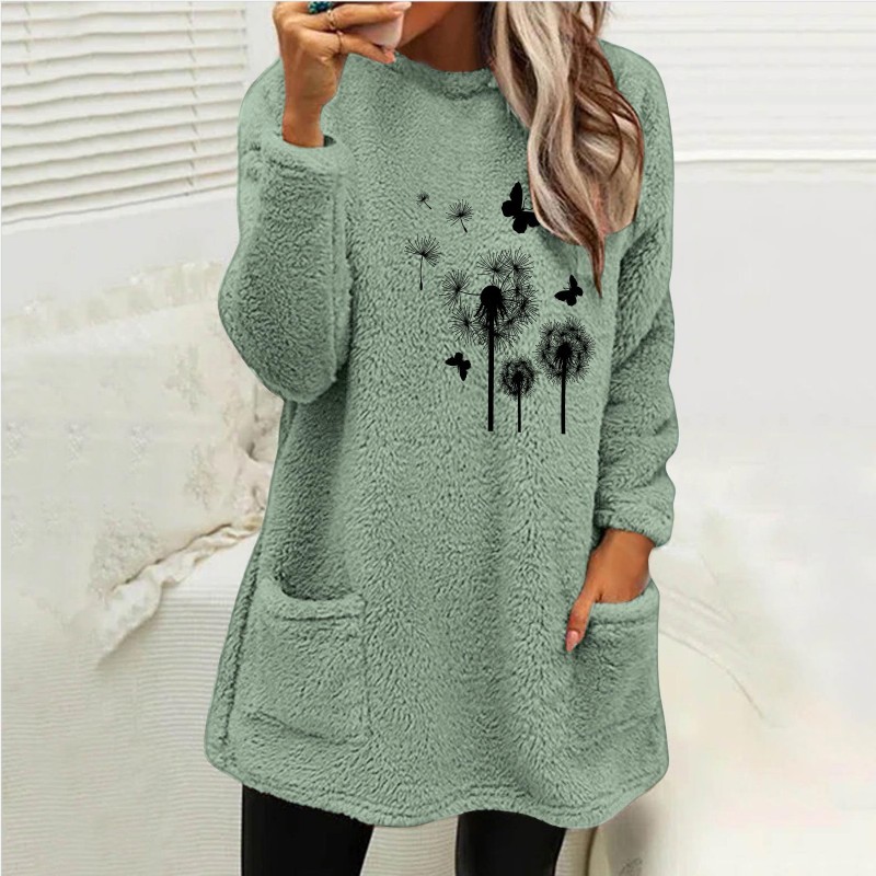 European And American Women's Round Neck Pullover Long Sleeve Pocket Embossed Double-sided Velvet Sweatshirt