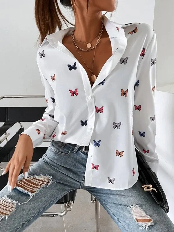 Printed Long Sleeve Butterfly Printing Lapel Shirt Cyz8069 5Xl - Shop at LoveMi