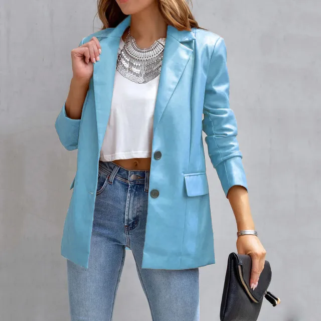 Long Sleeve Button Pu Cardigan Coat For Women Sky Blue - Shop at LoveMi
