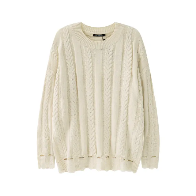 Twist Weave Retro Tattered Jeans Round Neck Knitted Sweater Beige - Shop at LoveMi