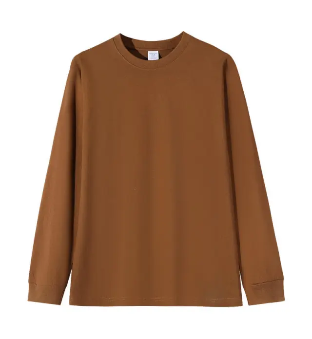 Solid color Heavyweight Pure Cotton Crew neck Long sleeve T shirt For Women Brown - Shop at LoveMi