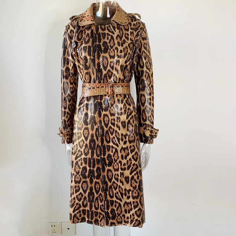 Loose Leather Pattern Commuter Brown Long Trench Coat Cardigan Coat Lace-up - Brown