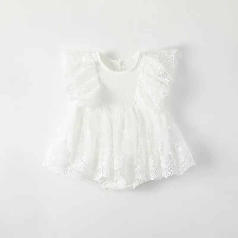 Cotton Romper With Lace And Mesh