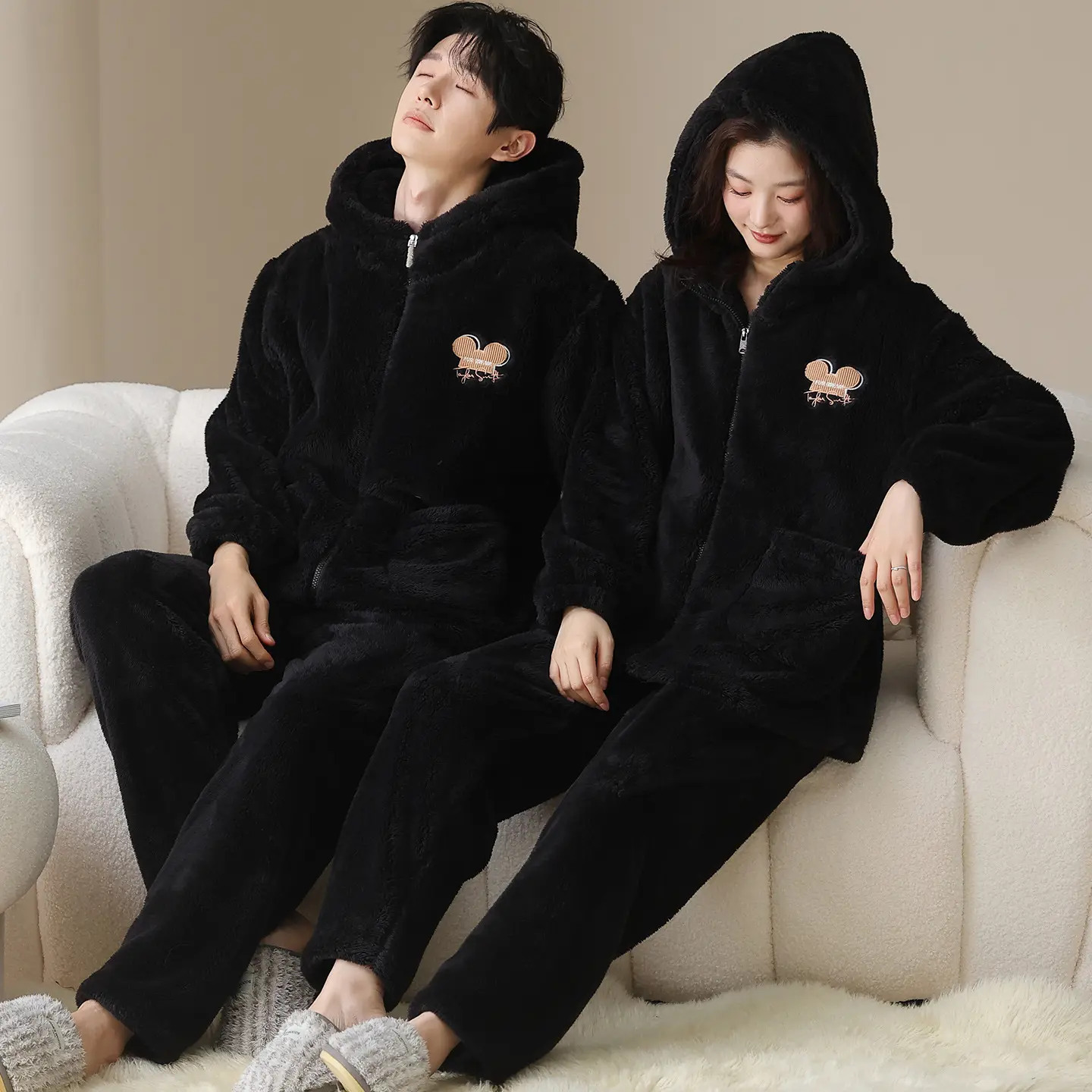 Plush Couple Pajamas Women's Winter Casual Zipper