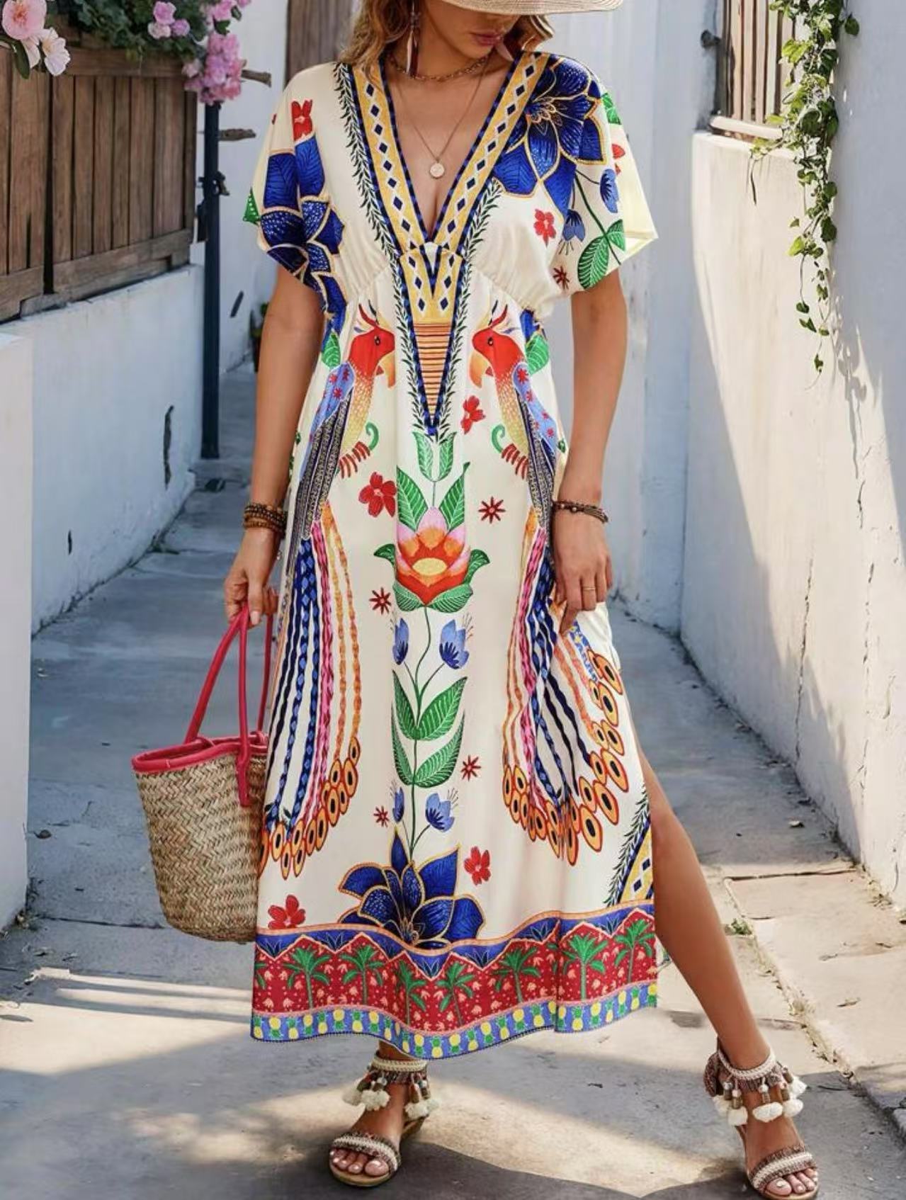 New Seasonal V neck Printed Fashionable Loose fit Short sleeve Maxi Dress White - Shop at LoveMi