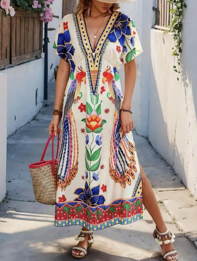 New Seasonal V neck Printed Fashionable Loose fit Short sleeve Maxi Dress Blue - Shop at LoveMi