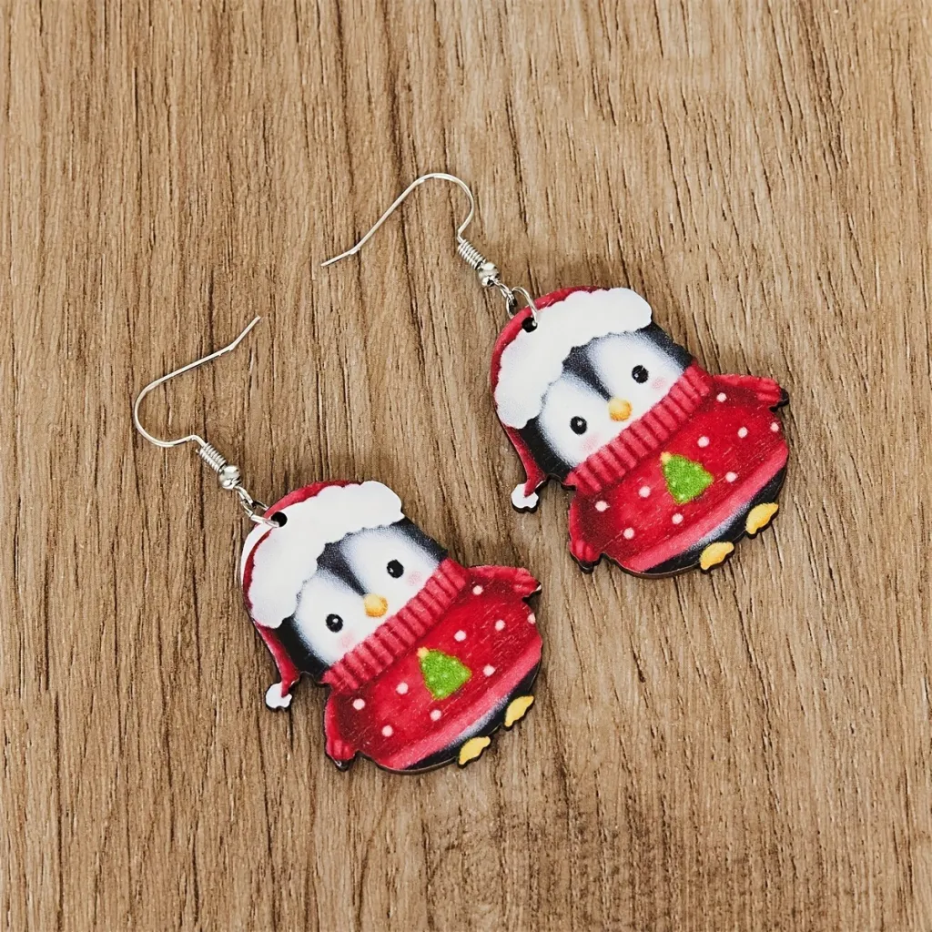 Christmas Party Cute Penguin Acrylic Earrings - Red