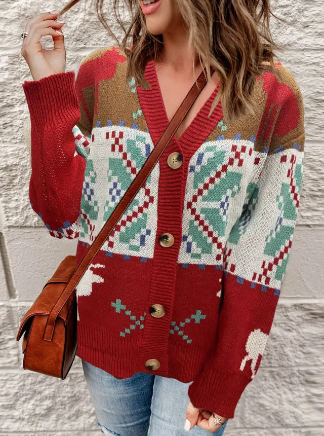 Knitted Cardigan Christmas Sweater Coat Red - Shop at LoveMi