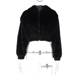 Women's Fashion Hooded Plush Long-sleeved Top - Black - View 1