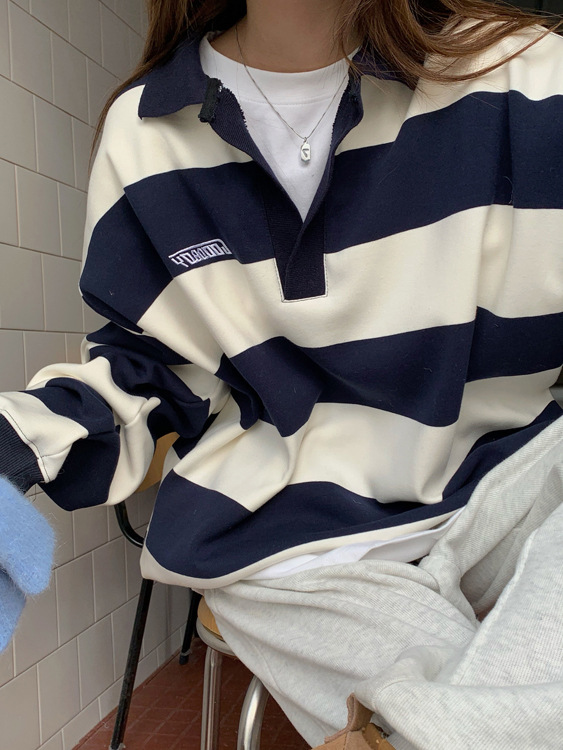 American Retro Polo Collar Striped Sweater Women's Thin Blue - Shop at LoveMi