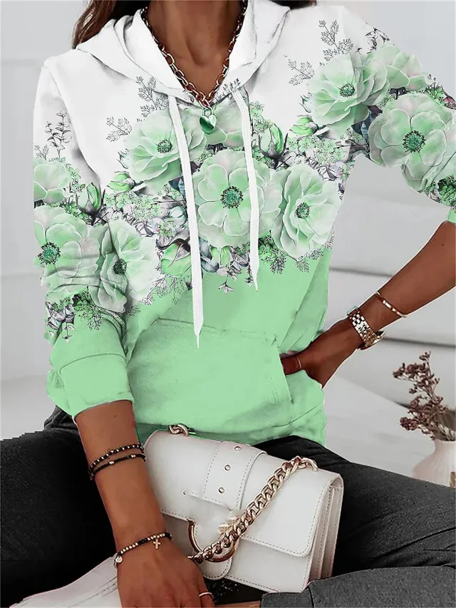 Hooded Sweater Floral Print Leisure Pullover Long Sleeve Green - Shop at LoveMi