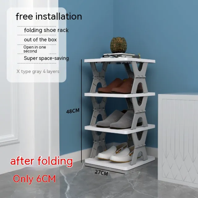 Plastic Installation free Shoe Rack Storage Shoe Rack Folding Shoe Cabinet Gray 4 Layers X Type - Shop at LoveMi