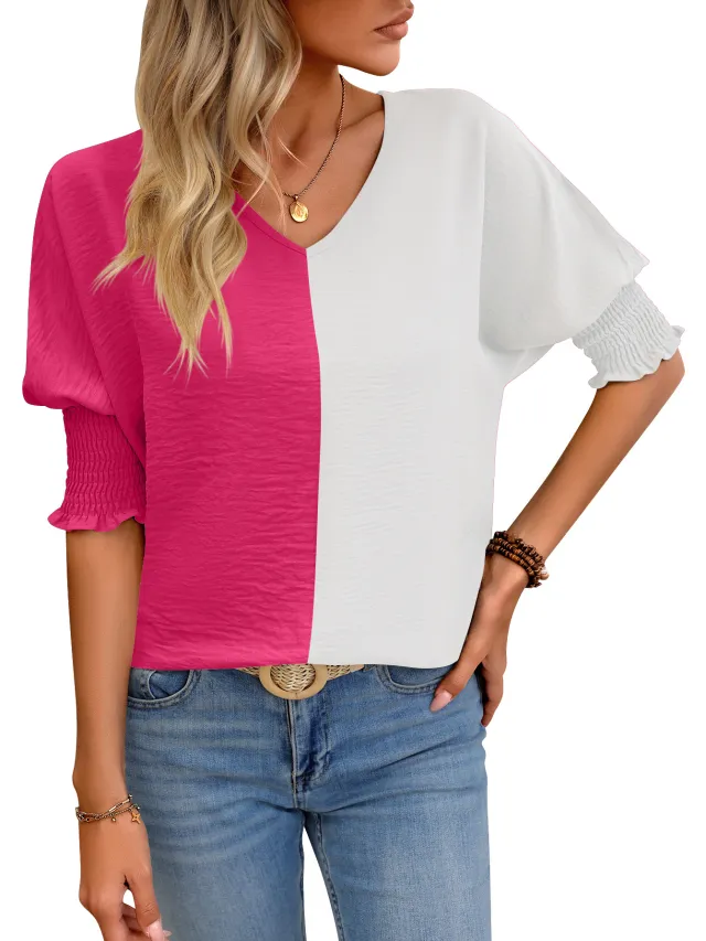 V neck Loose Smocking Batwing Sleeve Color Matching Top Rose - Shop at LoveMi