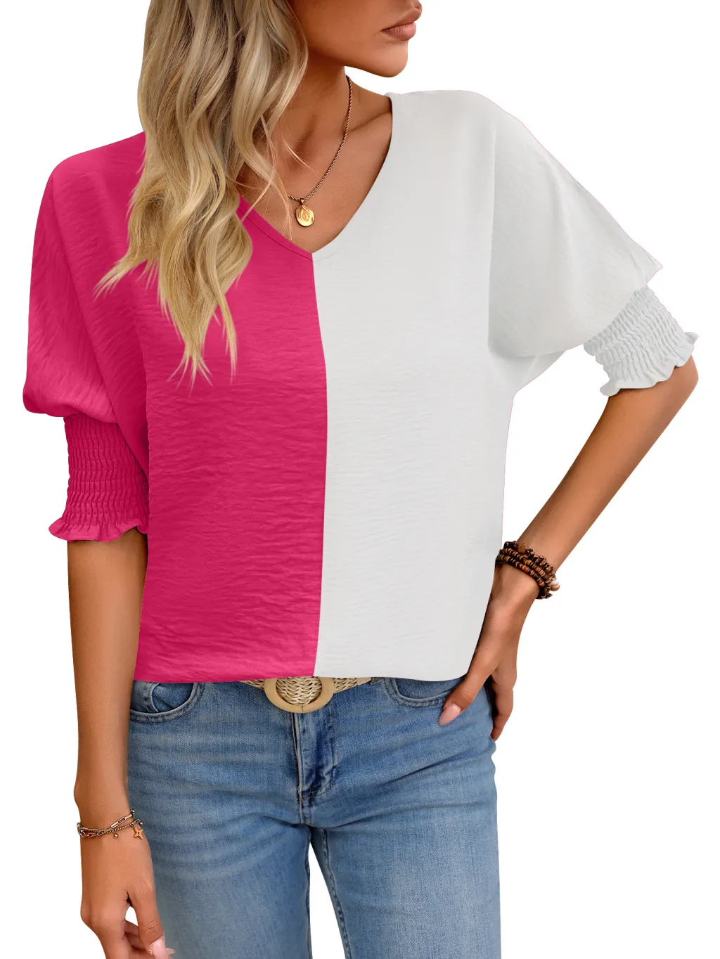 V-neck Loose Smocking Batwing Sleeve Color Matching Top - Rose Red White