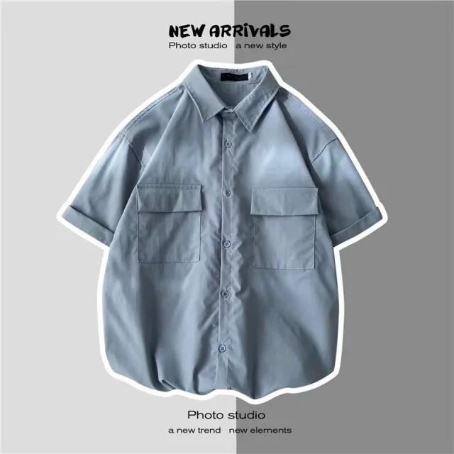 Style Loose Men's Summer Short Sleeve Shirt Overalls Light Blue - Shop at LoveMi