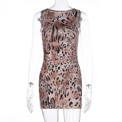 Sleeveless Leopard-print Slim-fit Hip-wrapped Short Dress - Color - View 1