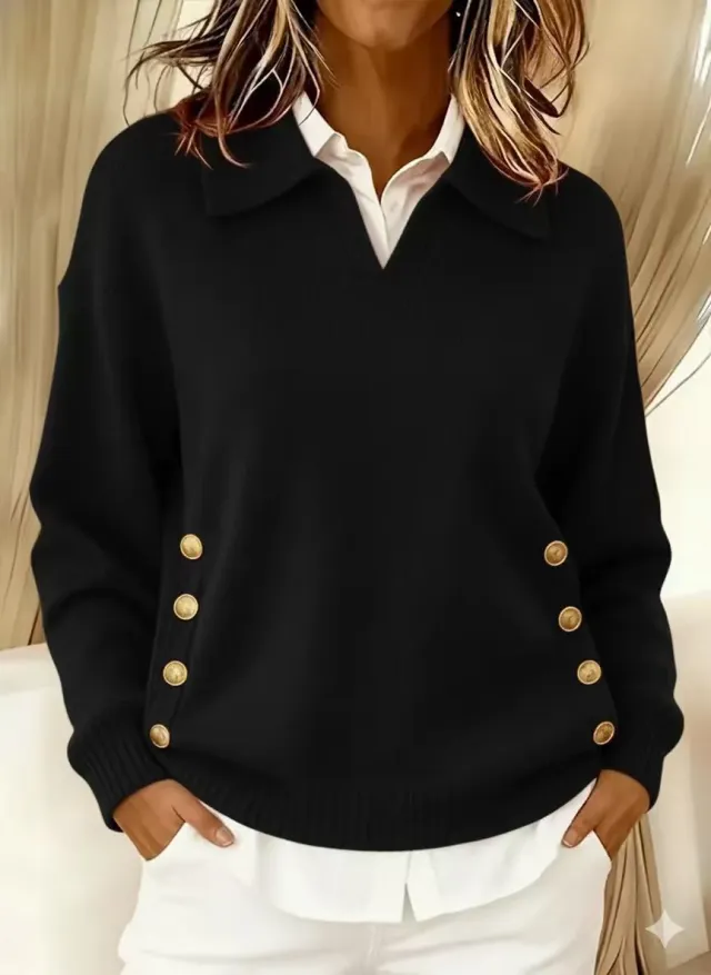 Turn down Collar Button down Collar Pullover Women's Long Sleeve Black - Shop at LoveMi