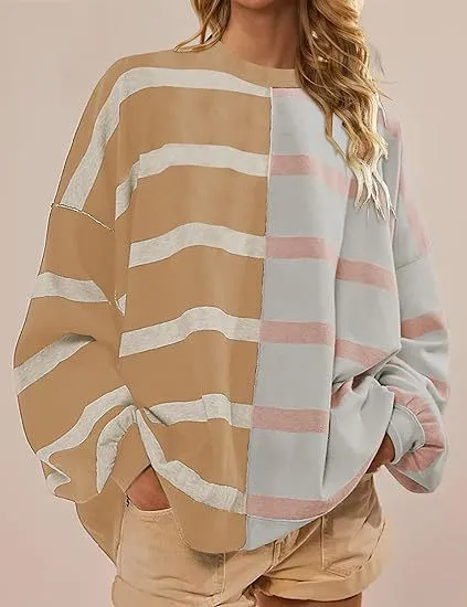 Striped Knitted Long sleeved Sweater For Women Khaki Light - Shop at LoveMi
