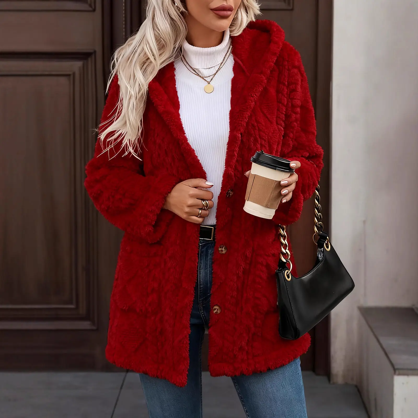 Hooded Solid-Color Cardigan With Buttons, Long-Sleeve Casual