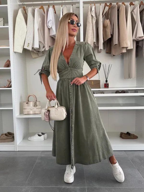 V neck Short Sleeve Loose Denim Long Button Dress Army Green - Shop at LoveMi
