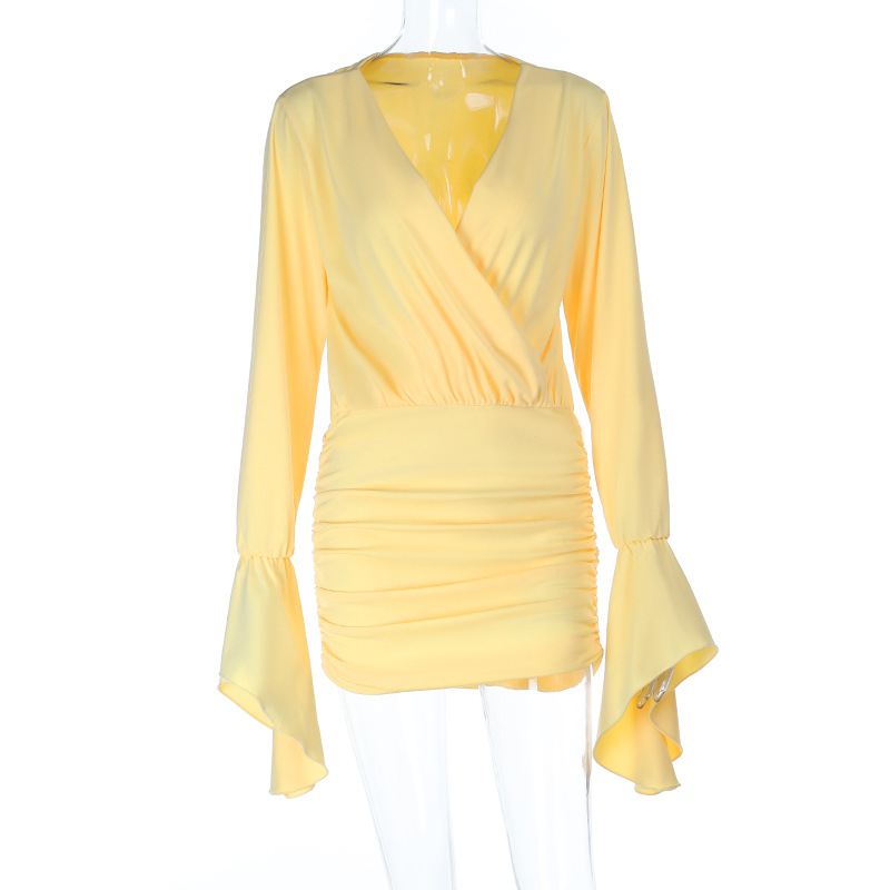 Sexy Deep V neck Long Sleeve Smocked Bodycon Dress For Women Yellow - Shop at LoveMi