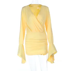 Sexy Deep V-neck Long Sleeve Smocked Bodycon Dress For Women - Yellow - View 1