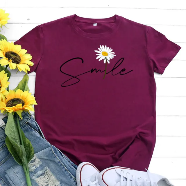 Women's Fashion Casual Daisy Print Short Sleeve T shirt Top Wine - Shop at LoveMi