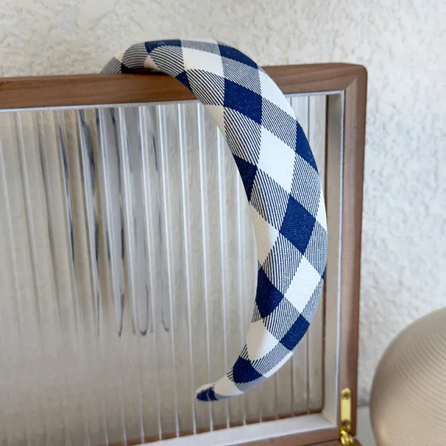 Blue Color Plaid Bow Sponge Headband Blue And White Large Plaid - Shop at LoveMi