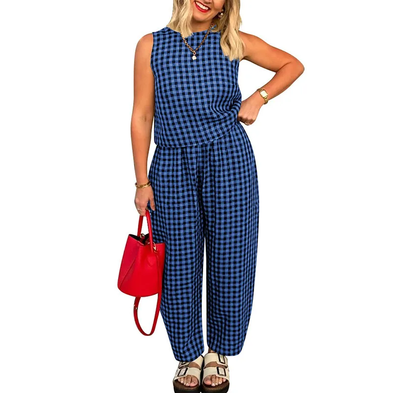 Women's Solid Color Plaid Loose Casual Sleeveless Vest Pants Suit - Blue