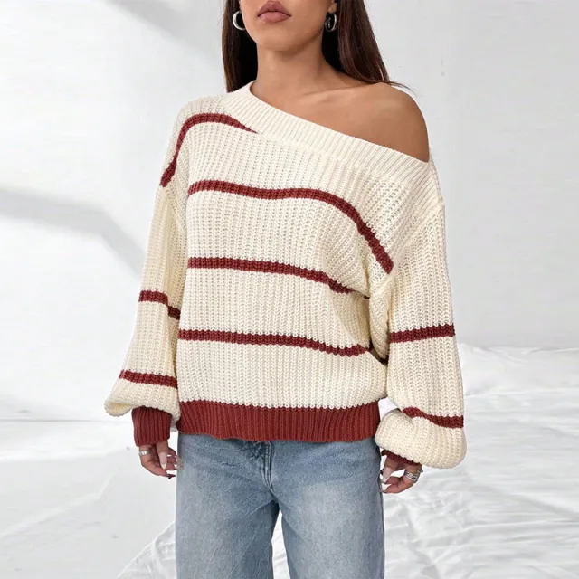 Sexy Off the shoulder Loose Striped Women's Sweater Apricot - Shop at LoveMi